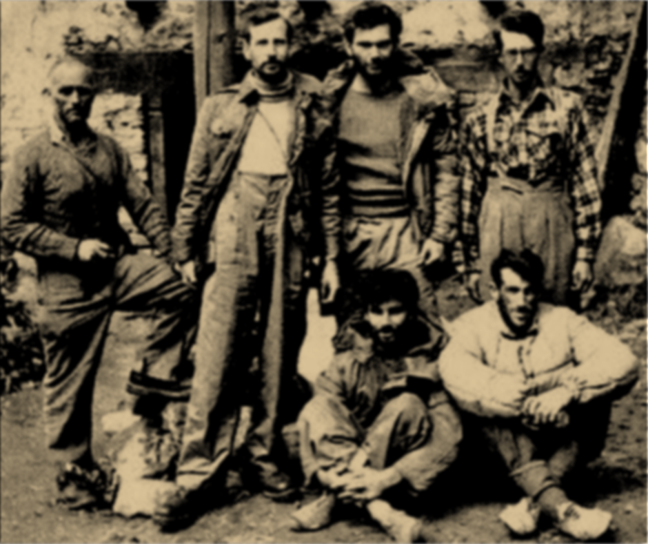 The 1951 Everest Reconnaissance team included Eric Shipton (standing left), W. H. Murray, Dr. Michael Ward, and Edmund Hillary. Seated are T.D. Bourdillon (left) and H.E. Riddiford.