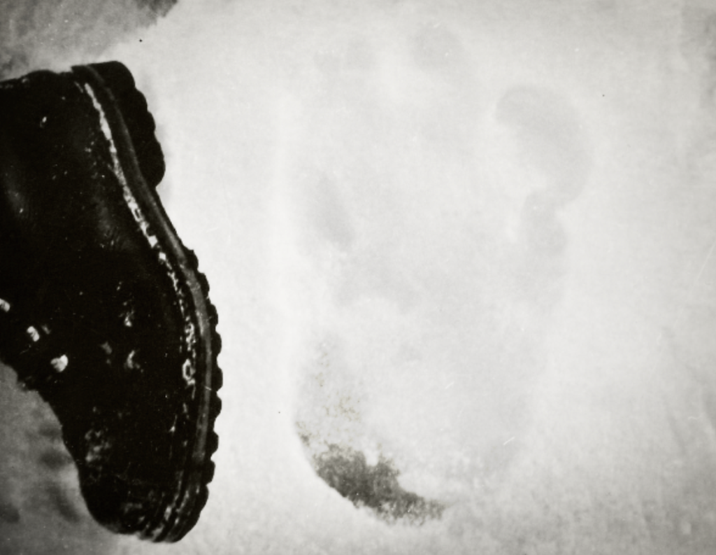 One of the most famous photographs of the alleged Yeti footprint was taken by Eric Shipton during his 1951 expedition on Mount Everest. The image shows Shipton's boot placed next to the mysterious 13-inch footprint for scale, highlighting its massive size compared to a human footprin